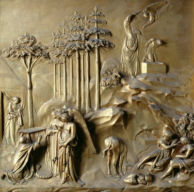 Die Geschichte von Isaak: Engel prophezeien die Geburt von Isaak und der Engel hält Abrahams Schwert auf, eines von zehn Reliefpanelen von den Paradiespforten (Osttüren), 1425-52 von Lorenzo Ghiberti